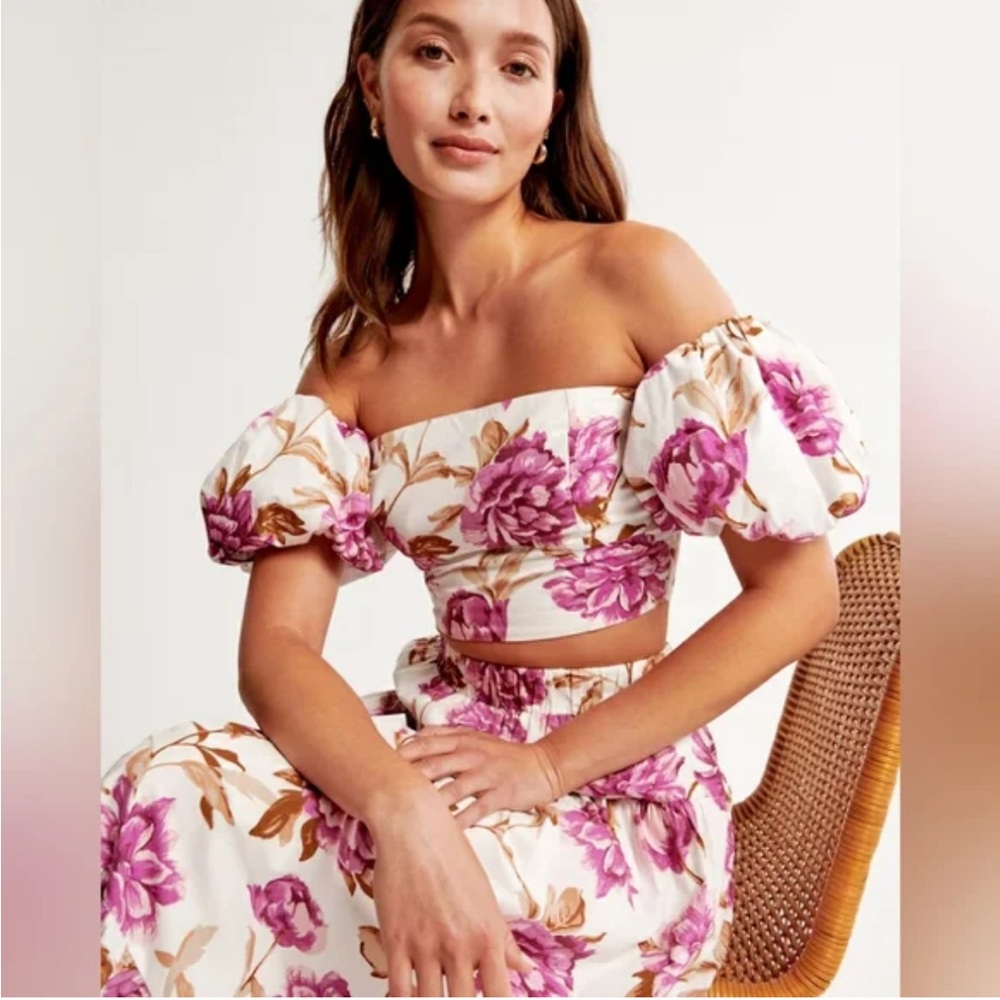 Abercrombie & Fitch Size L Poplin Off Shoulder Top & Maxi Skirt Set Puff Sleeve - Picture 2 of 13